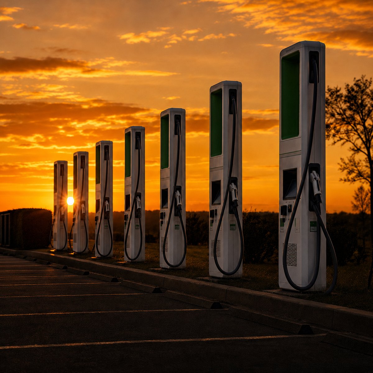 EV charging bollards at sunset
