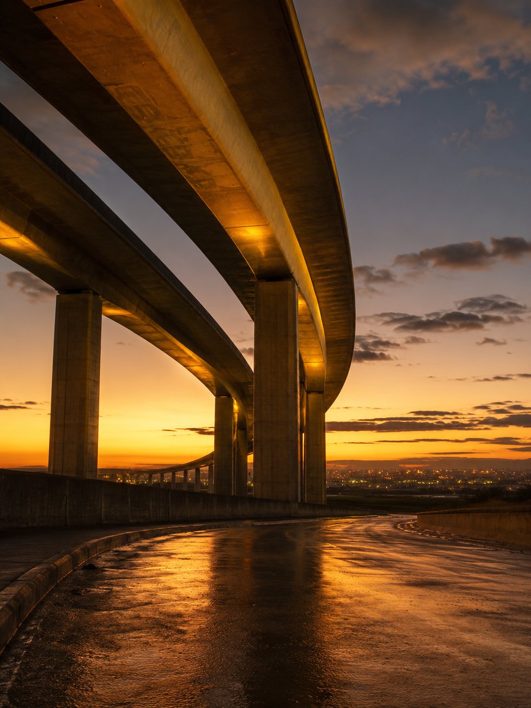 Concrete road viaduct at sunset — civil infrastructure
