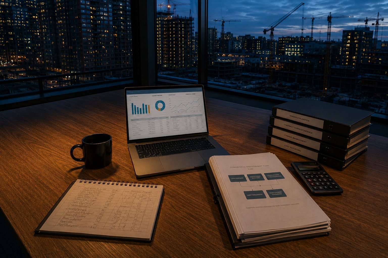 Commercial management — laptop dashboard with cost charts, calculator and project paperwork on a desk overlooking a construction site at twilight