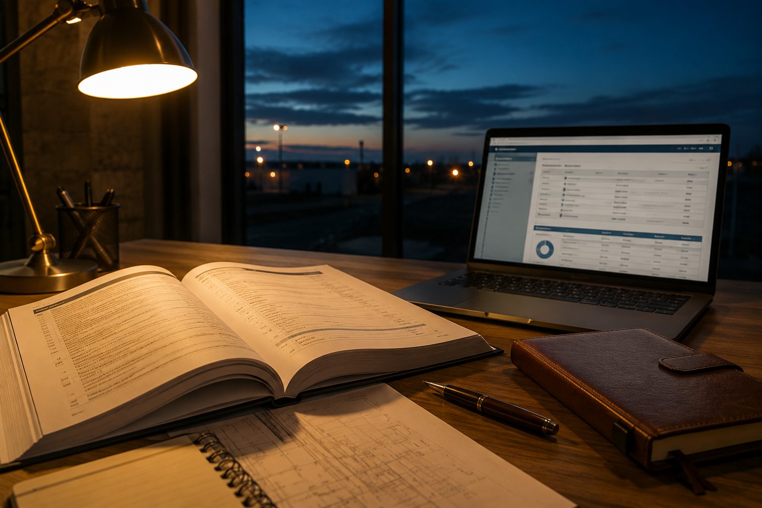 Contract management — open NEC contract document with fountain pen, leather notebook and laptop showing contract dashboard, lit by amber desk lamp at dusk