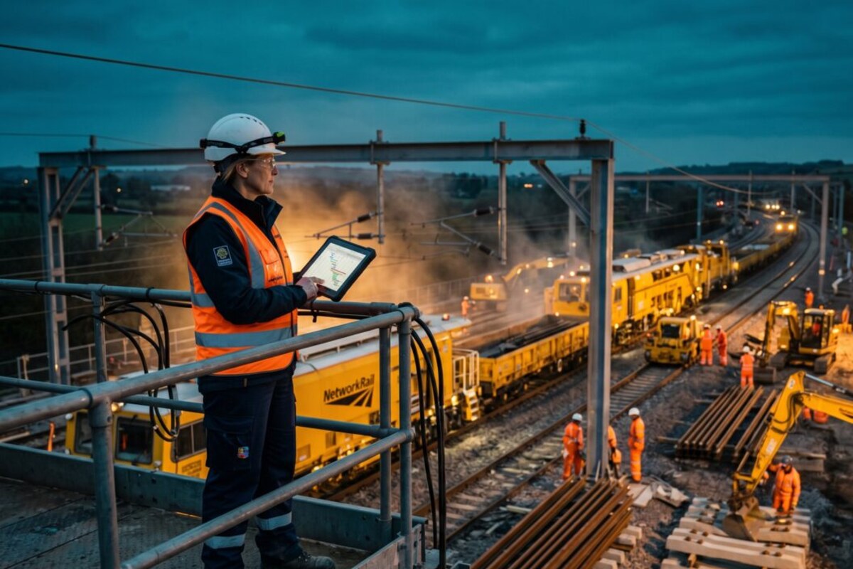 Project manager on site at night with tablet, overseeing infrastructure works